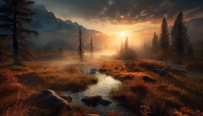Sunset over the mountain range creates a tranquil, mysterious beauty generated by AI
