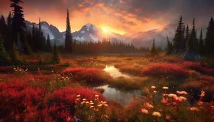 Foto op Canvas Majestic mountain peak reflects tranquil sunset over uncultivated wilderness generated by AI © Jemastock