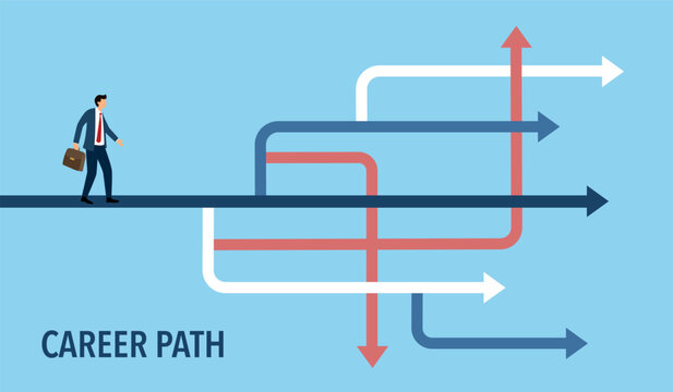 Career Path Businessman navigating his career path to success. 
