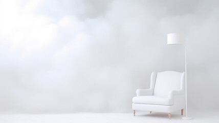 armchair in a white cloud interior, abstract white cloud background and a place to sit, light background with copy space - obrazy, fototapety, plakaty