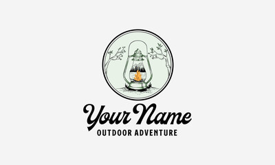 hand drawn camping logo with lantern Vintage emblem forest. Retro style camping camper explore. Outdoor adventure badge design. Travel and hipster mountain outdoor. Wilderness theme. Stock vector