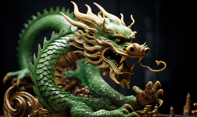 Fototapeta premium Wooden Chinese dragon of green color