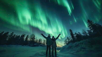 Fototapeta premium two people man and woman under aurora light, Generative Ai