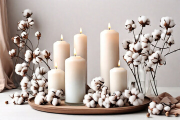 Fototapeta na wymiar Stylish table with cotton flowers and aroma candles near light wall