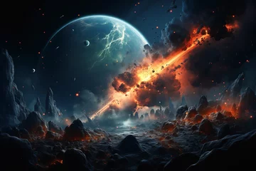 Fotobehang view planet bright orange fireball sky background trance music shattering walls profile firing laser year chaotic landscape enter night blast © Cary