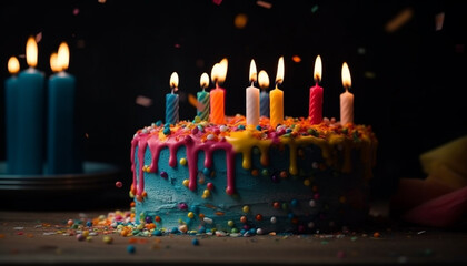 Birthday celebration burning candles, sweet chocolate dessert, joyful party generated by AI
