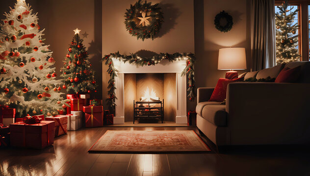 Elegant living room interior with a lit fireplace, illuminated by Christmas tree lights with ornaments and gifts for Christmas in December