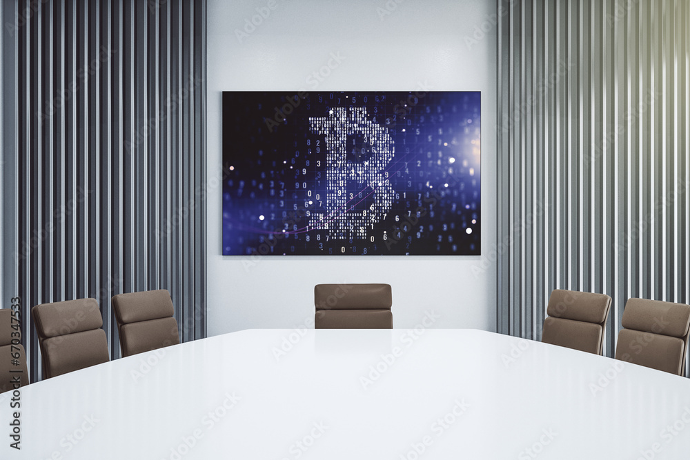 Poster Creative Bitcoin concept on presentation screen in a modern conference room. 3D Rendering