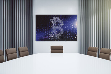 Creative Bitcoin concept on presentation screen in a modern conference room. 3D Rendering