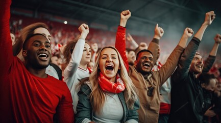 Fototapeta premium Fans cheering at the match, in the style of multicultural.