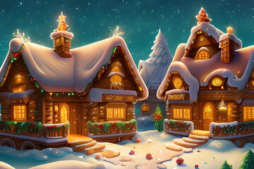 Christmas winter landscape with holiday houses, lights on a  background ai generatedchristmas trees