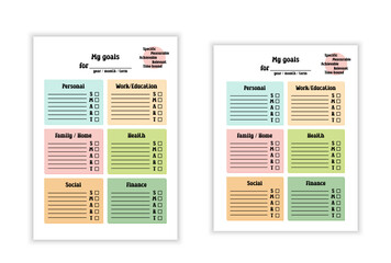 Goals List template. Vector blank page for writing New Year resolutions and yearly or monthly plans. SMART goals system, planning strategy. A4 and US letter paper proportions