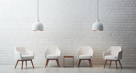 Four white chairs in front of a white brick wall, in the style of minimalist.