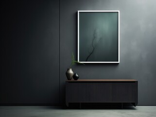 Framed photo in dark grey wall, in the style of moody color schemes.