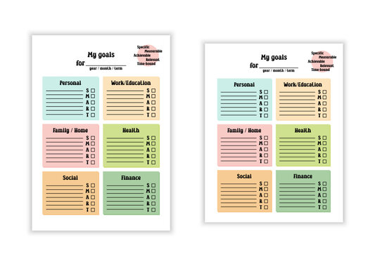 Goals List template. Vector blank page for writing New Year resolutions and yearly or monthly plans. SMART goals system, planning strategy. A4 and US letter paper proportions