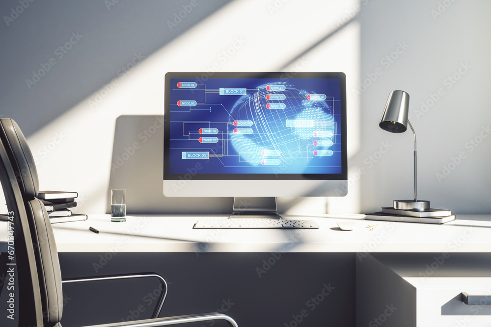 Wall mural Abstract creative coding concept with world map on modern laptop screen. 3D Rendering