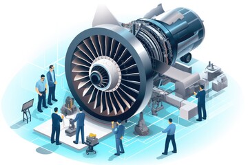 Isometric technician looking at jet engine and repairing it.
