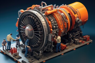 Isometric technician looking at jet engine and repairing it.
