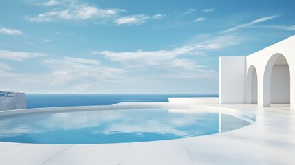 Large resort pool overlooking the sea.