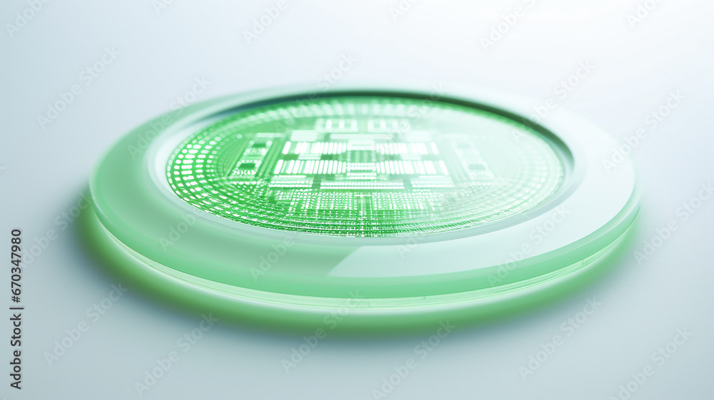 Poster green light fluorescent button isolated on the background of computer graphics website design