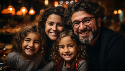 Fototapeta premium A cheerful family bonding indoors, smiling and looking at camera generated by AI
