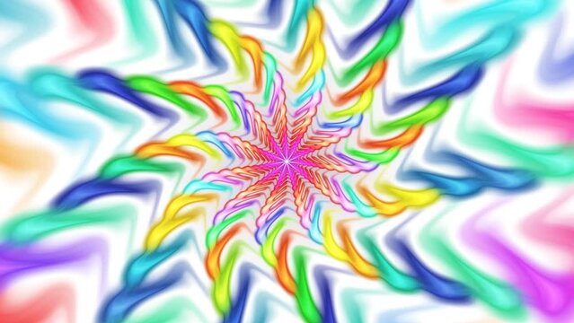 Pink, red, yellow, green, blue, orange short fluctuant waves diverging from central point, expanding to edges, becoming translucent. Hypnotic abstract fractal motion background. 4K UHD 4096x2304