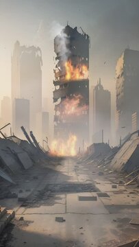 illustration of the condition of city damage after the war, buildings collapsed and burned. No peace. Cartoon or anime style. seamless looping time-lapse vertical video animation background.