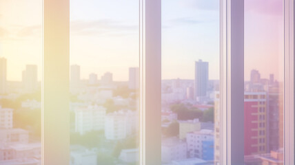 view from plastic windows in the city, soft color pastel background, modern city windows of an apartment building