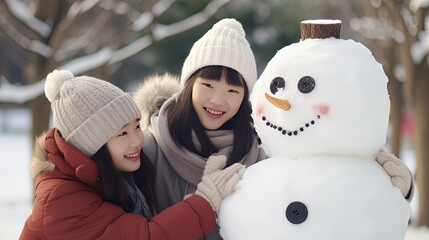 two Asian women take photo with snowman, Generative Ai