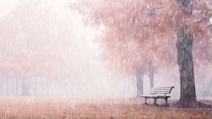 autumn rain, landscape in the park silence and raindrops in the park for walking in the wet weather of lonely November