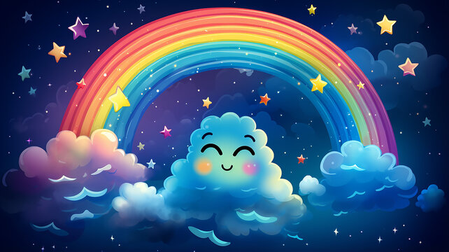 funny cartoon rainbow with eyes and a smile in the night starry sky, good night illustration for children