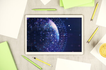 Top view of abstract world map on modern digital tablet screen, big data and blockchain concept. 3D Rendering