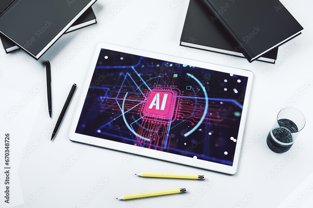 Poster Top view of modern digital tablet screen with creative artificial Intelligence abbreviation. Future technology and AI concept. 3D Rendering