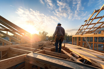 Close up of roof worker building a wood structure house construction on roof in background of shining. Construction concept of success or achievement. - obrazy, fototapety, plakaty