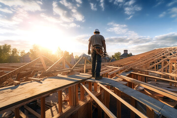 Close up of roof worker building a wood structure house construction on roof in background of shining. Construction concept of success or achievement. - obrazy, fototapety, plakaty