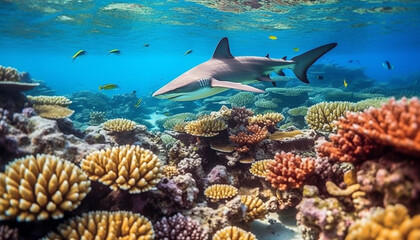 Fototapeta premium Underwater reef, fish, nature scuba diving in deep blue generated by AI