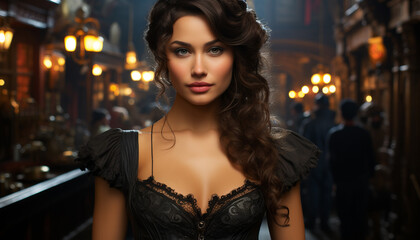 Young woman, beauty illuminated in city nightlife, confident and elegant generated by AI