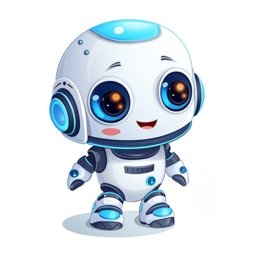 Cute 3d cartoon small robot, baby robot, small chatbot on simple white background