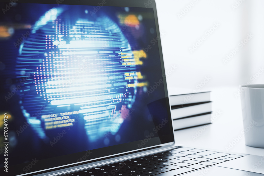 Leinwandbilder computer monitor with abstract creative programming illustration and world map, big data and blockch