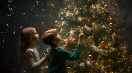 child decorating christmas tree.