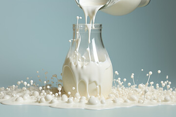 A studio shot of a glass carafe filled with milk, overflowing and creating dramatic splashes, against a neutral background.