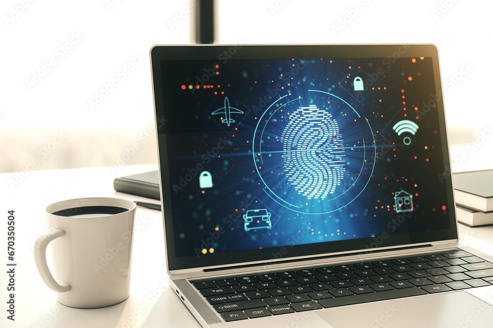 Poster Abstract creative fingerprint hologram on modern computer monitor, protection of personal information concept. 3D Rendering