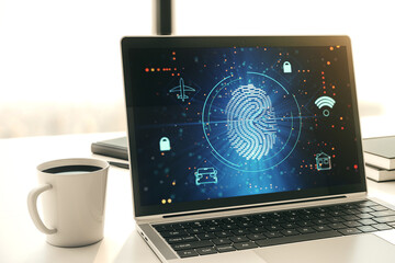 Abstract creative fingerprint hologram on modern computer monitor, protection of personal information concept. 3D Rendering