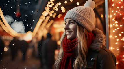 Young woman enjoying Christmas market with holiday spirit, snowy weather, winter wonderland.