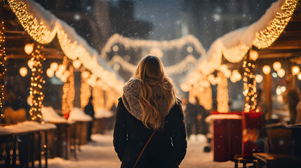 Young woman enjoying Christmas market with holiday spirit.