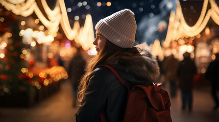 Young girl is choosing decoration at the christmas market.