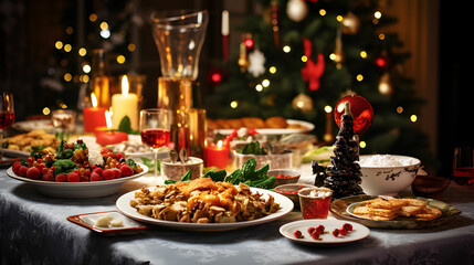 christmas table setting with champagne.