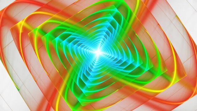 Surreal forms metamorphoses and spiraliform rotation. Fractal background with light in center, square shaped illumination, forming glowing tunnel. Bright twirling, volute, vortex. 4K UHD 4096x2304