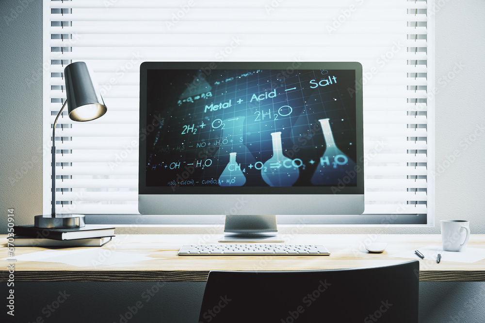 Poster Modern computer monitor with creative chemistry concept, research and development concept. 3D Rendering