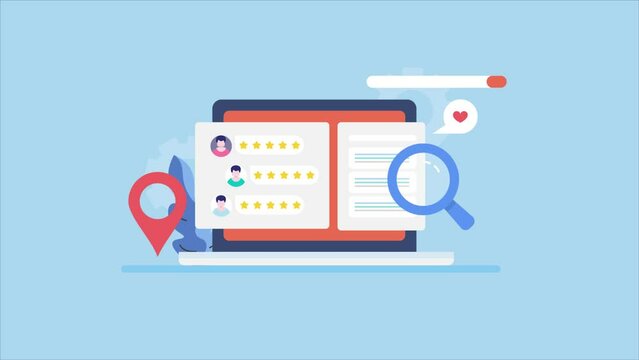 User sharing feedback, comment. Online business and service review and rating on screen. Search and business location map. Video animation 2d clip.